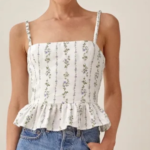 Reformation Barton Top, Sz0, White / Green Floral Corset Lace Ruffle Hem - Picture 1 of 15